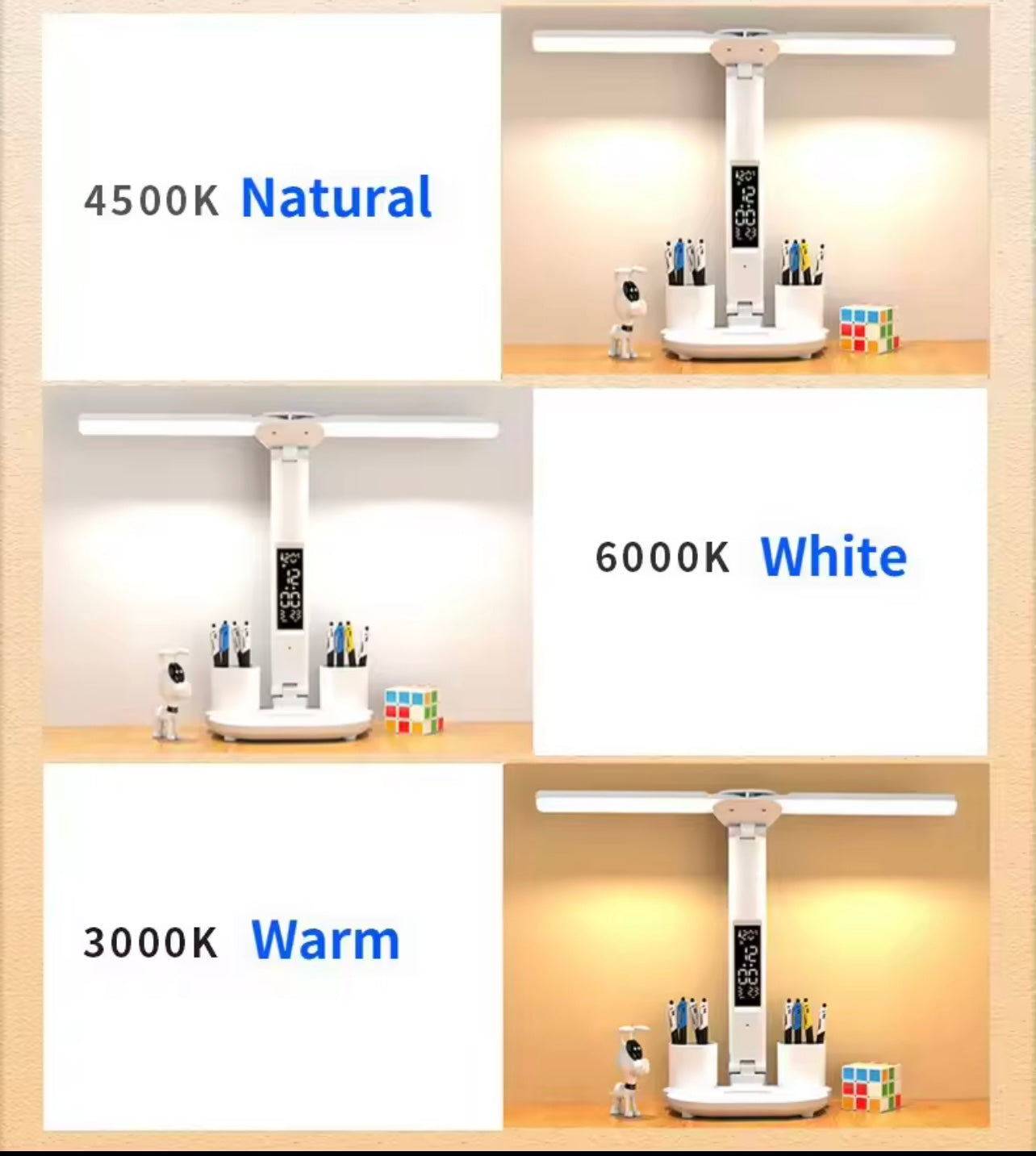 LumiFix™ ClarioDesk – Lampe LED de bureau intelligente 5-en-1 avec horloge & charge USB