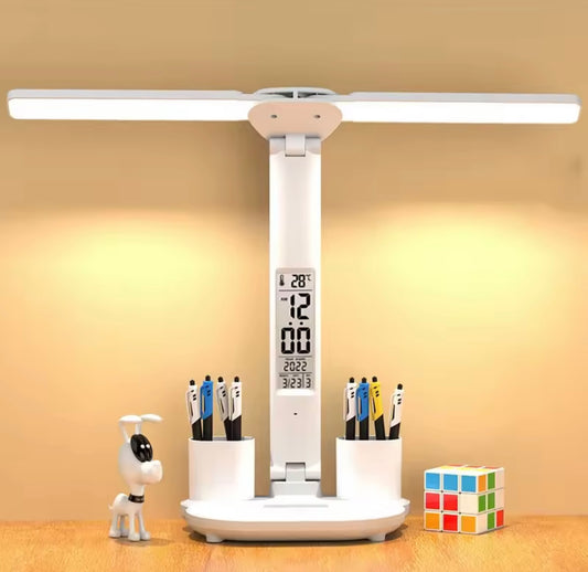 LumiFix™ ClarioDesk – Lampe LED de bureau intelligente 5-en-1 avec horloge & charge USB